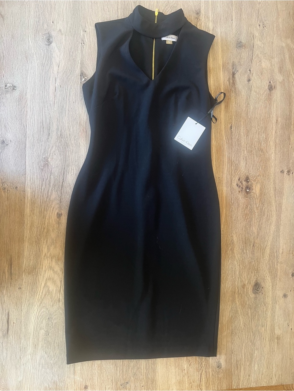NWT Calvin Klein Black Cutout Neck Gold Zip Sheath Dress Size 4